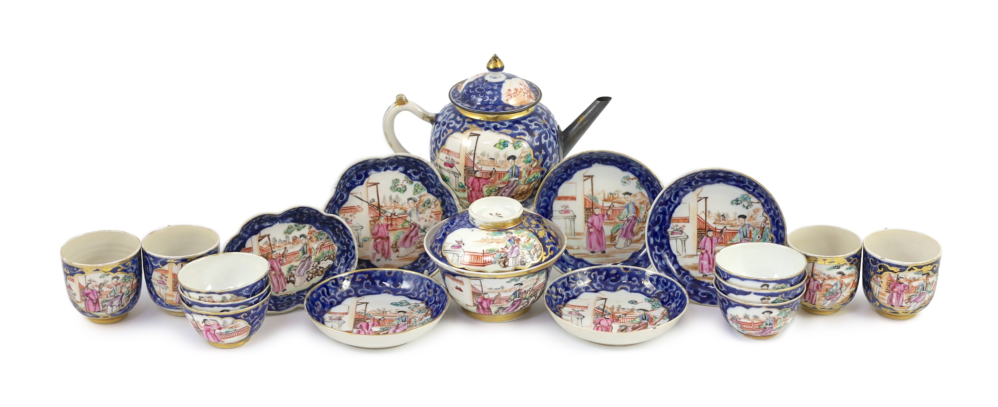 A Chinese export famille rose part tea and coffee set, Qianlong period, teapot 15cm high, some damage and wear to gilding